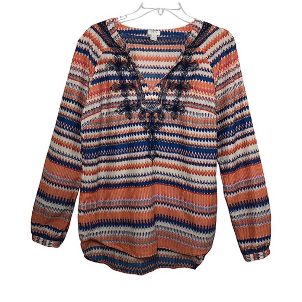J. Crew Cotton Coral Blue Ivory Tribal Print Embroidered long Sleeve Tunic Top S